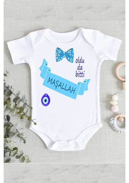 Erkek Bebek Beyaz Sünnet Baskılı Zıbın Body