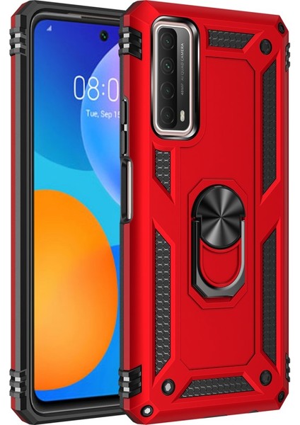 Huawei P Smart 2021 Kılıf Tank Yüzüklü Silikon Kapak - Kırmızı