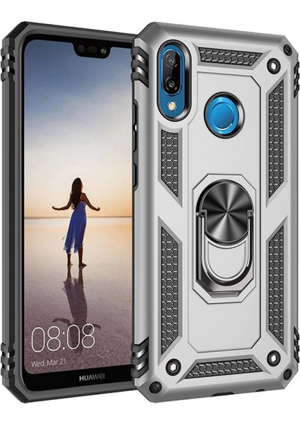 Huawei P20 Lite Kılıf Tank Yüzüklü Silikon Kapak - Gümüş