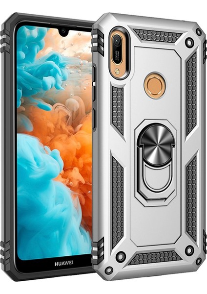 Huawei Y6S Kılıf Tank Yüzüklü Silikon Kapak - Gümüş