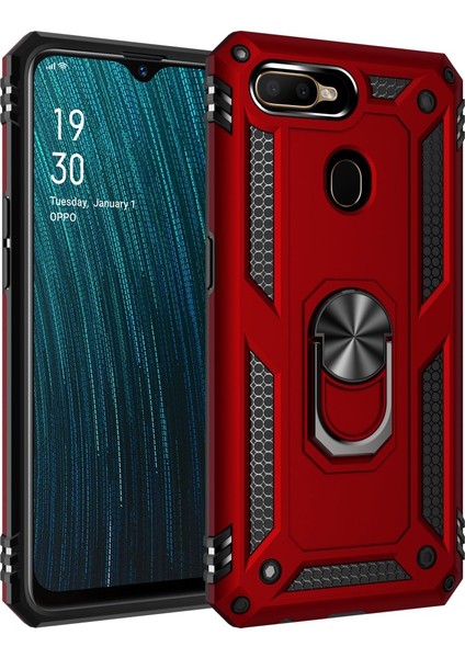 Oppo A12 Kılıf Tank Yüzüklü Silikon Kapak - Kırmızı