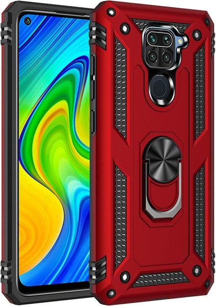 Xiaomi Redmi Note 9 Kılıf Tank Yüzüklü Silikon Kapak - Kırmızı