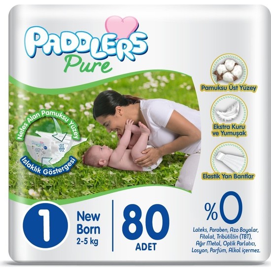 Paddlers Pure Bebek Bezi 1 Numara Yenidoğan 80 Adet (2-5 Kg) Jumbo Paket