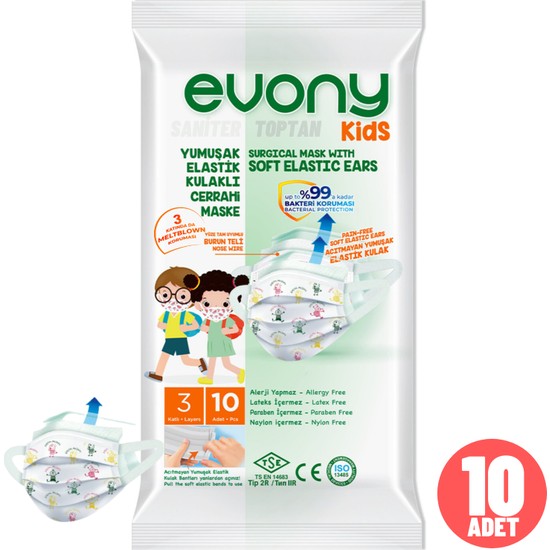 Evony Kids Sosyal Mesafe Desenli Elastik Kulaklıklı Cerrahi Çocuk Maskesi 10 Lu 1 Paket