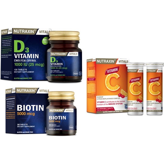 Nutraxin Biotin Içeren Takviye Edici Gıda 30 Tablet+C Vitamini 28 Çiğneme T.+D3 Vitamini 120 Tablet