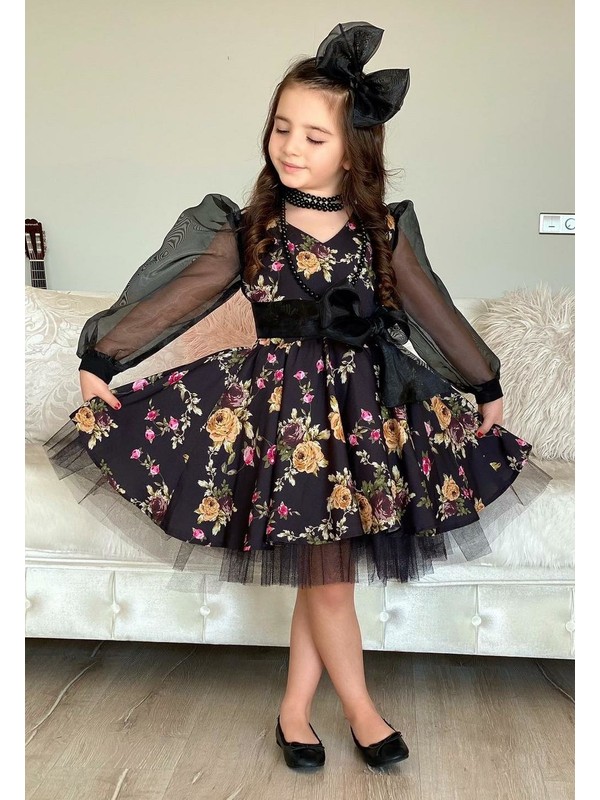 Riccotarz Kız Çocuk Black Flowers Tütülü Elbise
