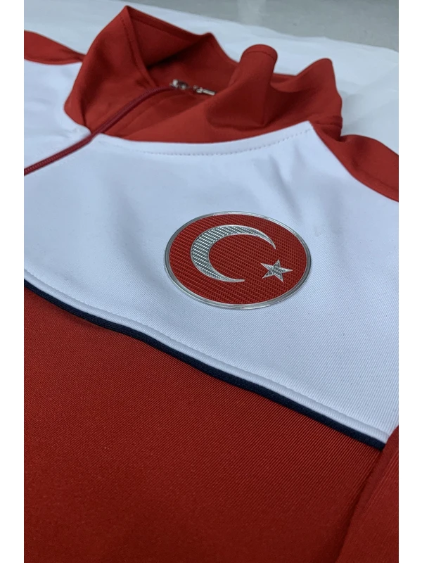 FS Erkek Kırmızı Türkiye Bayrak Logo Baskılı Günlük Fitness Spor Koşu Dalgıç Takım Eşofman Takımı