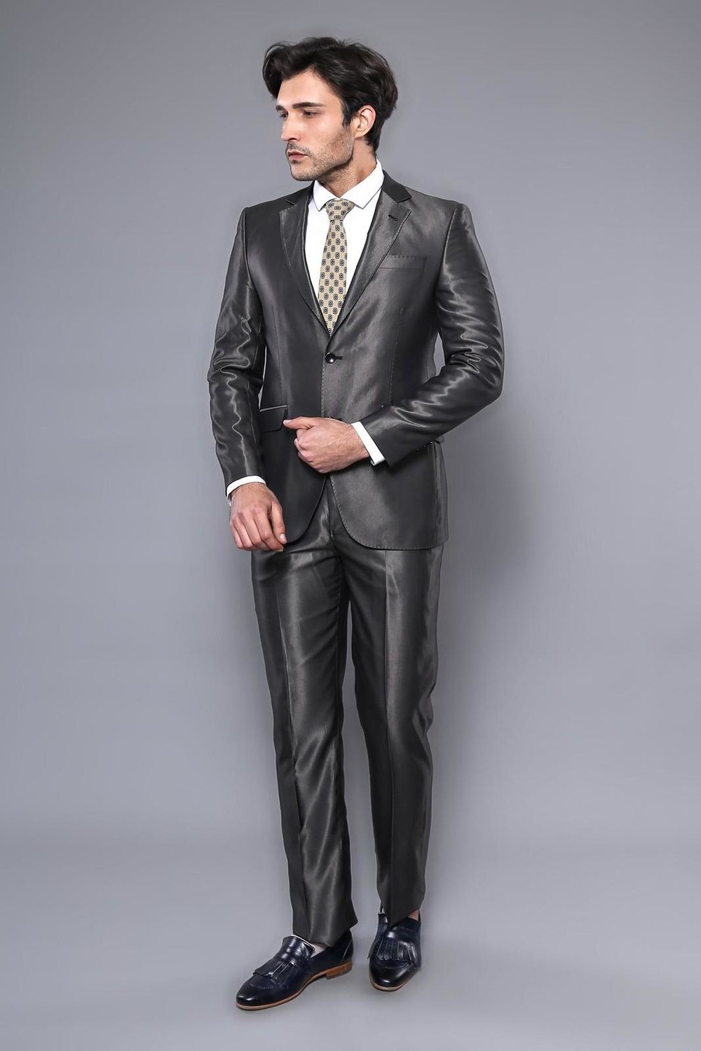Wessi Erkek Mono Yaka Parlak Slim Fit Takım Elbise görsel 2