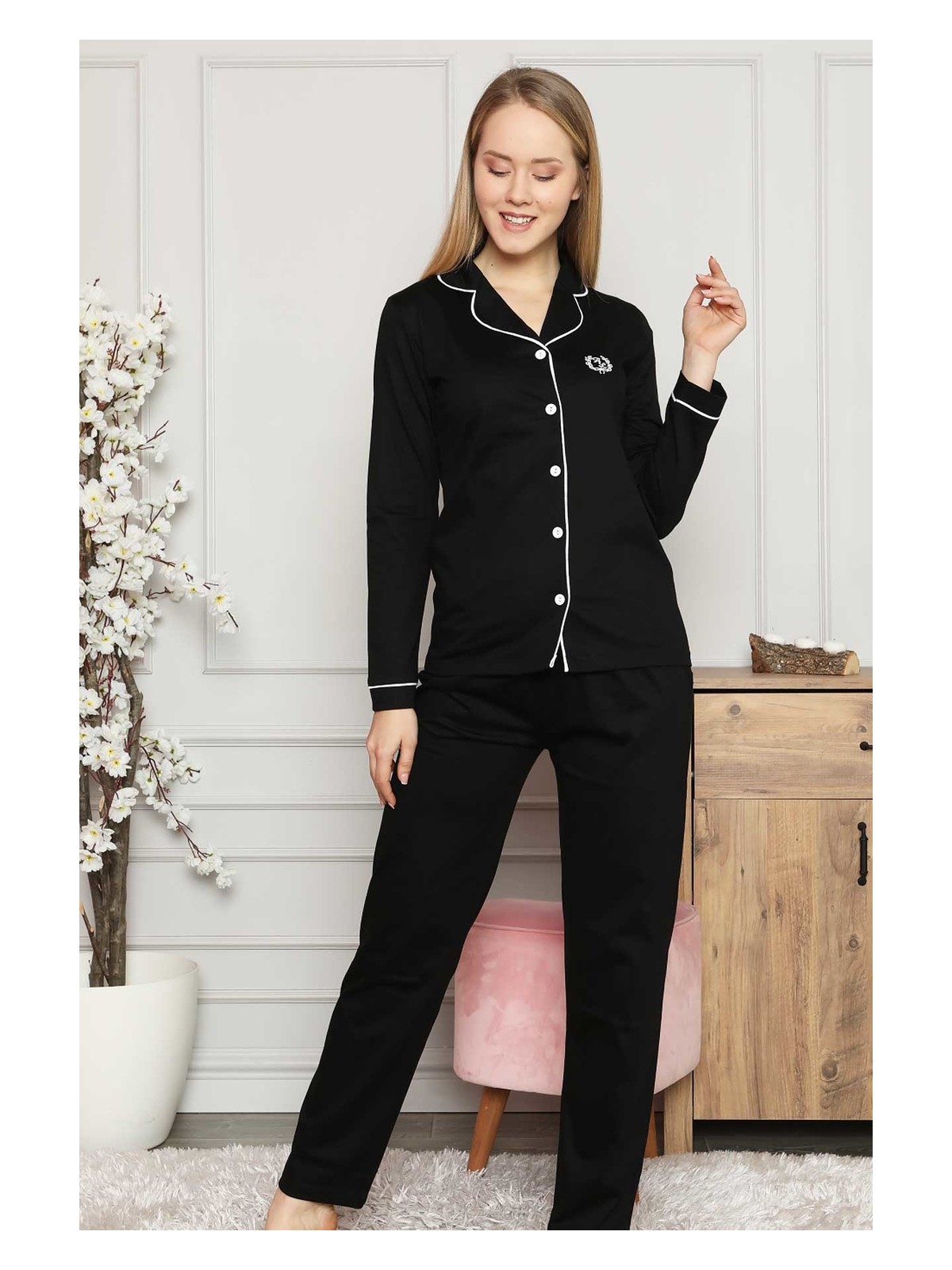 Alimer Alimer kadın Siyah Önden Düğmeli Gömlek Yaka Uzun Kollu Pijama Takımı 2577UY