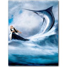 Caka Tablo Ahşap Tablo Yaşlı Balıkçı Kılıç Balığı Dalgalı Deniz