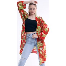 Dnz Kadın Desenli Kırmızı Uzun Kimono