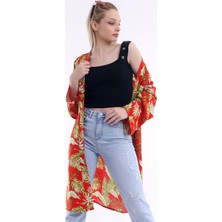 Dnz Kadın Desenli Kırmızı Uzun Kimono