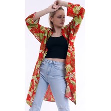 Dnz Kadın Desenli Kırmızı Uzun Kimono