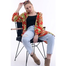 Dnz Kadın Desenli Kırmızı Uzun Kimono
