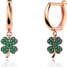 İndigo Takı Yeşil Taşlı Küçük Yonca Rose Gümüş Küpe