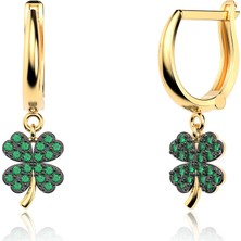 İndigo Takı Yeşil Taşlı Küçük Yonca Altın Kaplama Gümüş Küpe