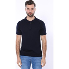 Wessi Erkek Polo Yaka Kendinden Desenli Fermuarlı Örme Tişört