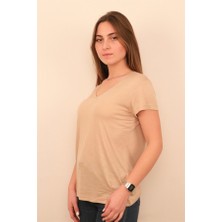 Rich Kadın V Yaka Açık Kahverengi T-Shirt