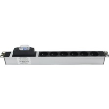 Connect 19'' 1U 6 WAY SCHUKO TYPE (DIN49440) SOCKET CIRCUIT BREAKER CONNECTED, 3X1,5 mm² NYMHY CABLE, DIN49441 PLUG ALUMINIUM PROFILE FRAME PDU