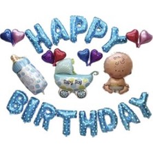 Event Party Store Folyo Balon Harf Happy Birtyhday Set Mavi Beyaz Yıldızlı 40CM