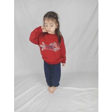 Bluence Kız Çocuk Kırmızı Lacivert Baskılı Pamuklu Eşofman Takımı