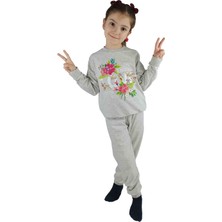 Bluence Kız Garson Gri Baskılı Pamuklu Eşofman Takımı