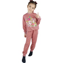 Bluence Kız Garson Pembe Baskılı Pamuklu Eşofman Takımı