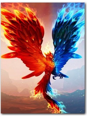 Caka Tablo Ahşap Tablo Mavi Turuncu Anka Kuşu Alev Saçan