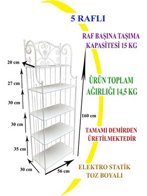 Naz Tasarım Ferforje 5 Katlı Çok Amaçlı Düz Raf Beyaz