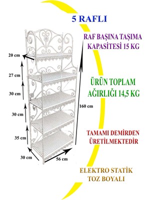 Naz Tasarım Ferforje 5 Katlı Çok Amaçlı Raf Beyaz