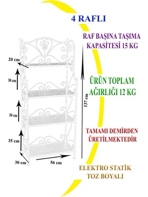 Naz Tasarım Ferforje 4 Katlı Çok Amaçlı Raf Beyaz