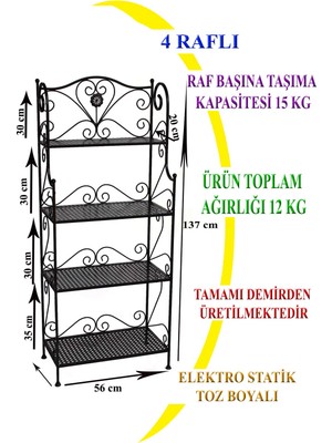 Naz Tasarım Ferforje 4 Katlı Çok Amaçlı Raf Siyah