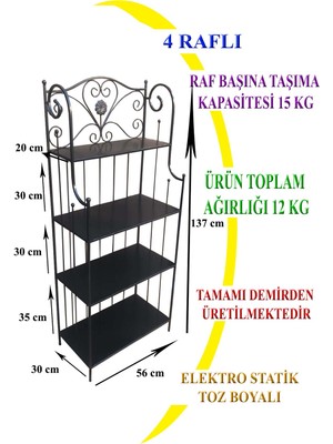 Naz Tasarım Ferforje 4 Katlı Çok Amaçlı Raf Siyah