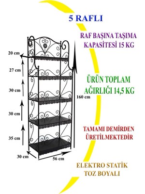 Naz Tasarım Ferforje 5 Katlı Çok Amaçlı Raf Siyah