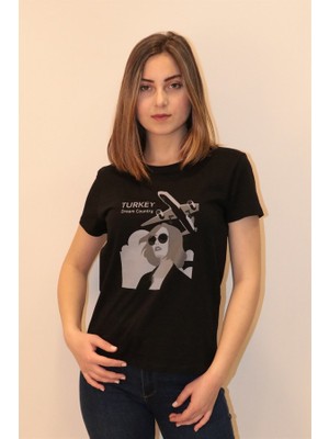 Rich Kadın Bisiklet Yaka T-shirt %100 Pamuk Tişört