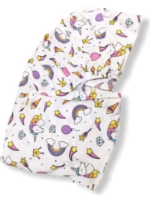 Bebek Özel %100 Pamuk Bebek ve Çocuk Lastikli Çarşaf Beyaz Unicorn Desenli  70 x 140 cm