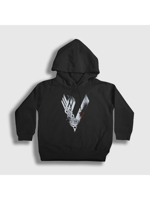 Presmono Unisex Çocuk Siyah Logo Vikings Kapüşonlu Sweatshirt