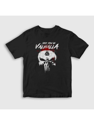 Presmono Unisex Çocuk Siyah Valhalla Vikings T-Shirt