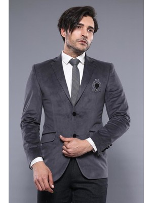 Wessi Erkek Kadife Dokulu Göğüs Armalı Slim Fit Ceket