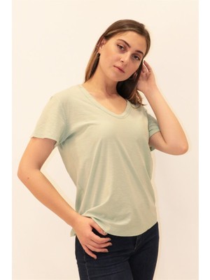 Rich Kadın Organik V Yaka T-shirt %100 Pamuk Tişört