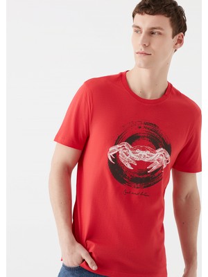 Mavi Erkek Yengeç Baskılı Kırmızı Tişört 066803-33203