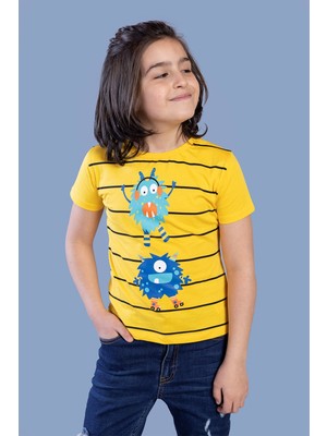 Toontoy Kids Toontoy Erkek Çocuk Çizgili Canavar Baskılı Tişört
