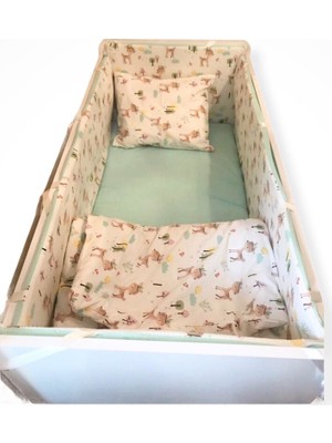 Bebek Özel Bebek Beşik Uyku Seti Karaca Desenli/mint Yeşili 7 Parça