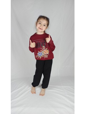Bluence Kız Garson Bordo Siyah Baskılı Pamuklu Eşofman Takımı