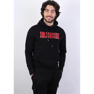 Erkek Süzine Baskılı Kapüşonlu Siyah Sweatshirt