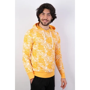 Erkek Kapüşonlu Desenli Hardal Sweatshirt