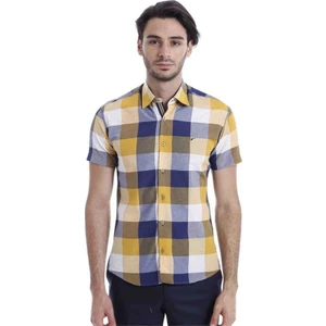 Erkek Sarı Slim Fit Ekose Desenli Pamuk Gömlek