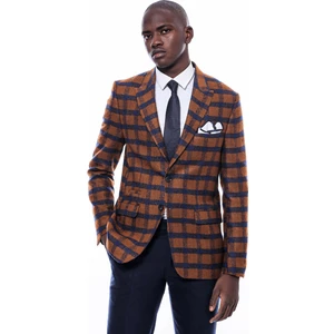 Ekose Sivri Yaka Slim Fit Taba Ceket