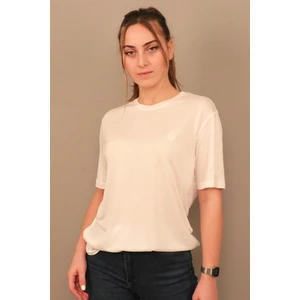 Kadın Ekru Bisiklet Yaka T-Shirt