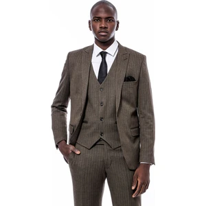Çizgi Desen Yelekli Slim Fit Takım Elbise